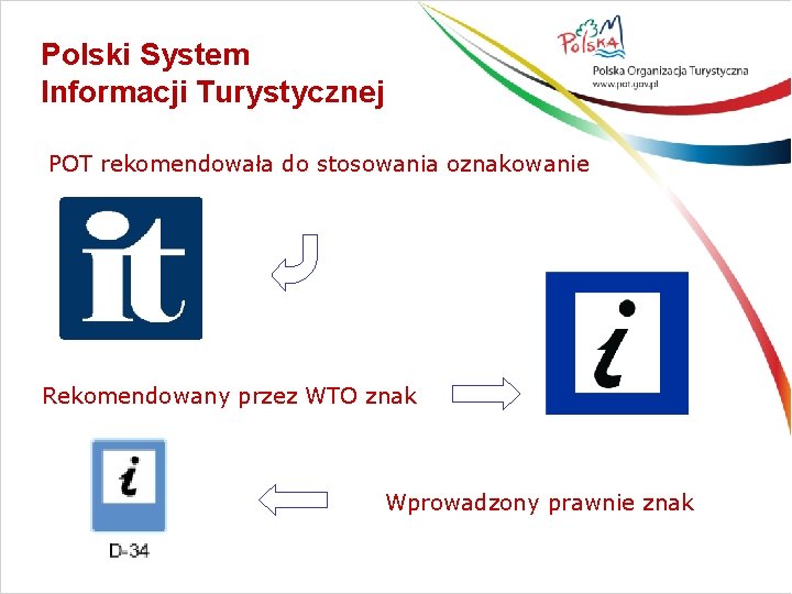 Polski System Informacji Turystycznej POT rekomendowała do stosowania oznakowanie Rekomendowany przez WTO znak Wprowadzony