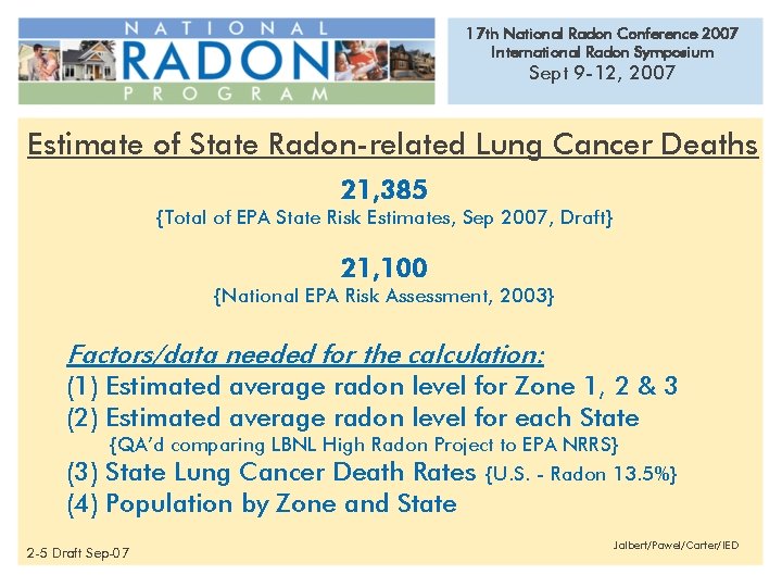 17 th National Radon Conference 2007 International Radon Symposium Sept 9 -12, 2007 Estimate 17 th National Radon Conference 2007 International Radon Symposium Sept 9 -12, 2007 Estimate