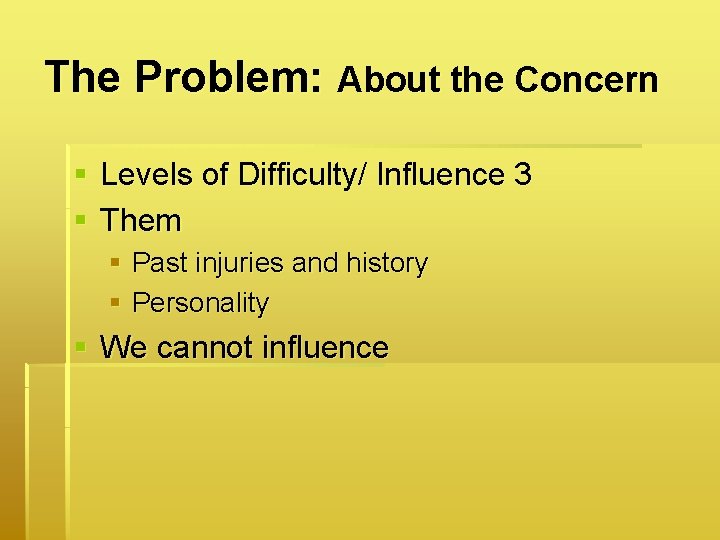 The Problem: About the Concern § Levels of Difficulty/ Influence 3 § Them §