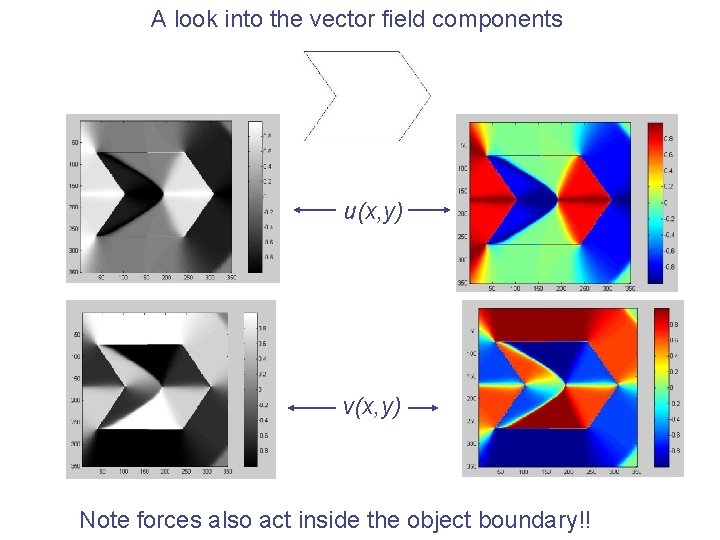 A look into the vector field components u(x, y) v(x, y) Note forces also