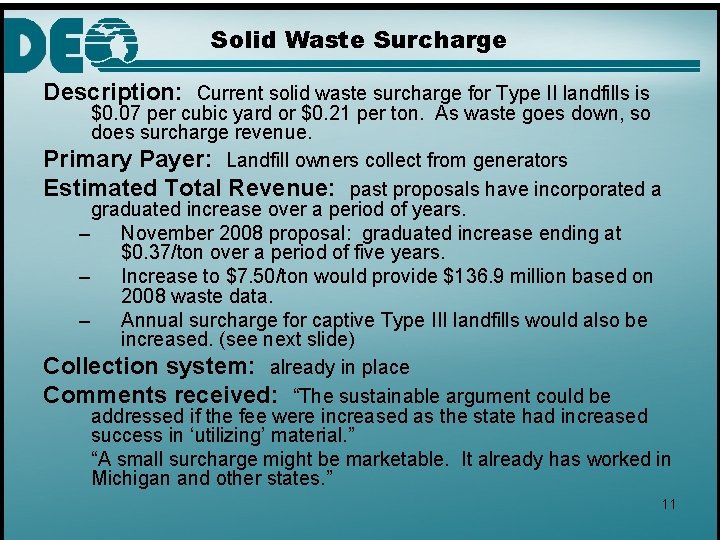 Solid Waste Surcharge Description: Current solid waste surcharge for Type II landfills is $0.