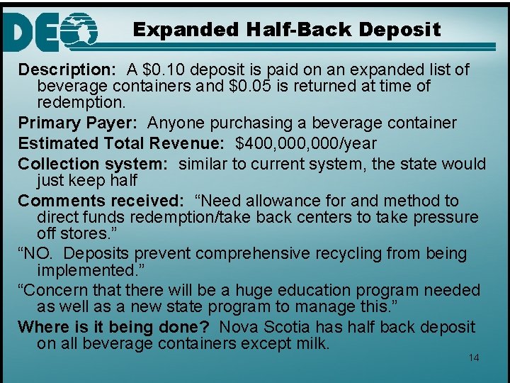 Expanded Half-Back Deposit Description: A $0. 10 deposit is paid on an expanded list