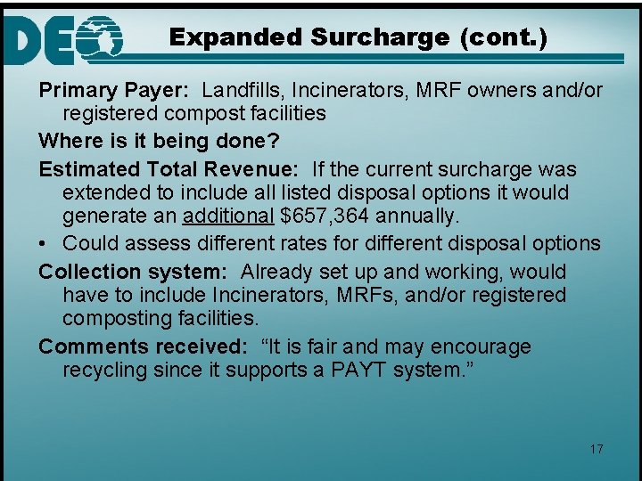 Expanded Surcharge (cont. ) Primary Payer: Landfills, Incinerators, MRF owners and/or registered compost facilities