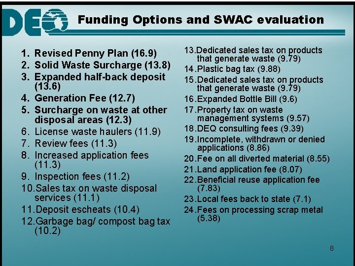 Funding Options and SWAC evaluation 1. Revised Penny Plan (16. 9) 2. Solid Waste