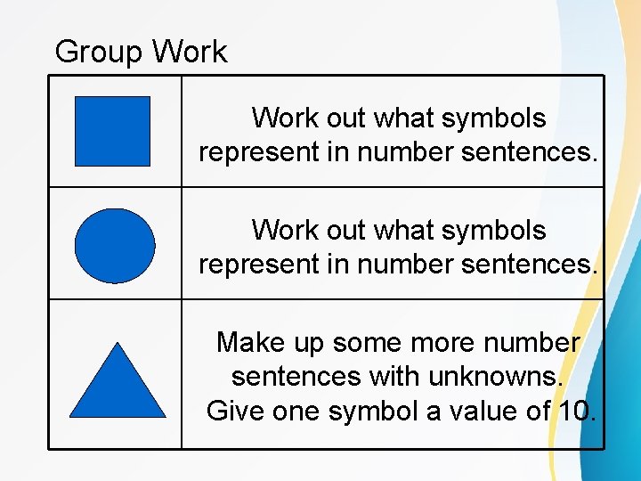 Group Work out what symbols represent in number sentences. Make up some more number