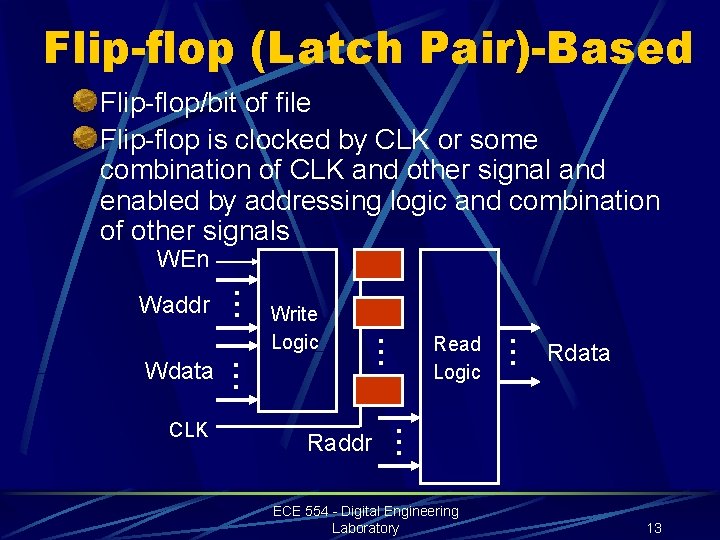 Flip-flop (Latch Pair)-Based Flip-flop/bit of file Flip-flop is clocked by CLK or some combination