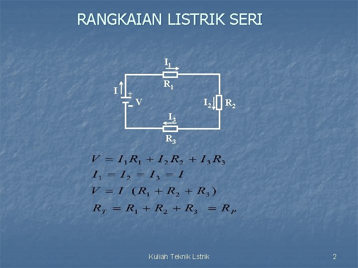 RANGKAIAN LISTRIK SERI I 1 I + R 1 I 2 V R 2