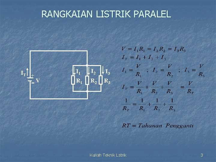 RANGKAIAN LISTRIK PARALEL IT + V I 1 I 2 I 3 R 1