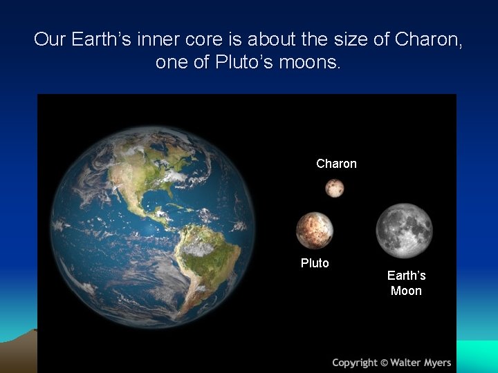 Our Earth’s inner core is about the size of Charon, one of Pluto’s moons.