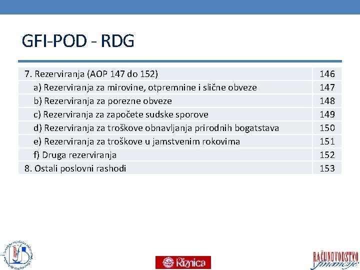 GFI-POD - RDG 7. Rezerviranja (AOP 147 do 152) a) Rezerviranja za mirovine, otpremnine