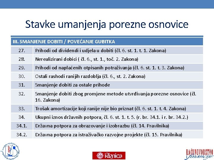 Stavke umanjenja porezne osnovice III. SMANJENJE DOBITI / POVEĆANJE GUBITKA 27. Prihodi od dividendi