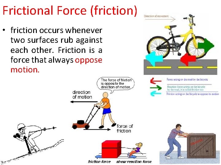 Frictional Force (friction) • friction occurs whenever two surfaces rub against each other. Friction