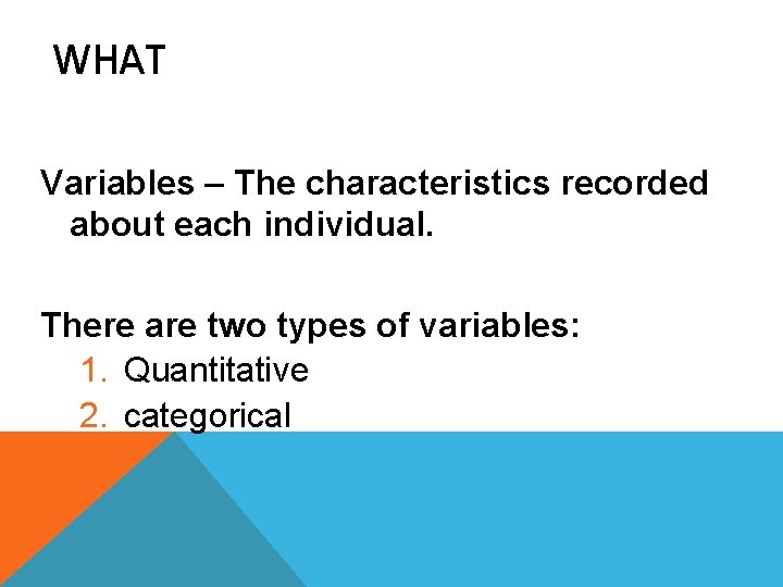 WHAT Variables – The characteristics recorded about each individual. There are two types of