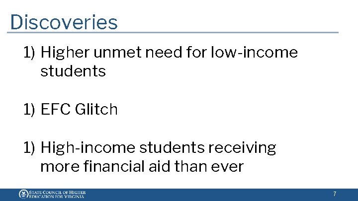 Discoveries 1) Higher unmet need for low-income students 1) EFC Glitch 1) High-income students Discoveries 1) Higher unmet need for low-income students 1) EFC Glitch 1) High-income students