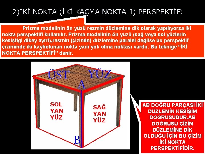 2)İKİ NOKTA (İKİ KAÇMA NOKTALI) PERSPEKTİF: Prizma modelinin ön yüzü resmin düzlemine dik olarak