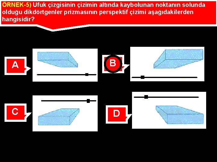 ÖRNEK-5) Ufuk çizgisinin çizimin altında kaybolunan noktanın solunda olduğu dikdörtgenler prizmasının perspektif çizimi aşağıdakilerden