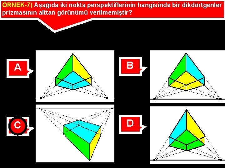 ÖRNEK-7) Aşağıda iki nokta perspektiflerinin hangisinde bir dikdörtgenler prizmasının alttan görünümü verilmemiştir? A B