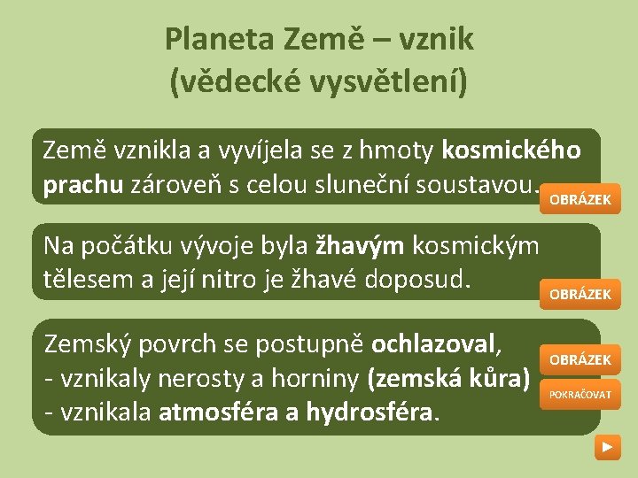 Planeta Země – vznik (vědecké vysvětlení) Země vznikla a vyvíjela se z hmoty kosmického