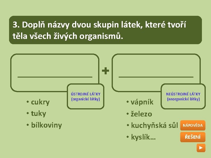 3. Doplň názvy dvou skupin látek, které tvoří těla všech živých organismů. ________ •