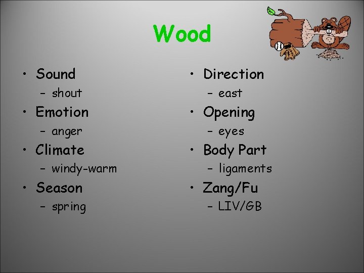 Wood • Sound – shout • Emotion – anger • Climate – windy-warm •