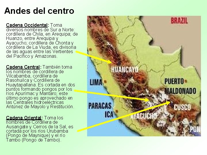 Andes del centro Cadena Occidental: Toma diversos nombres de Sur a Norte: cordillera de