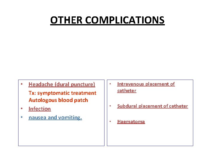 OTHER COMPLICATIONS • Headache (dural puncture) Tx: symptomatic treatment Autologous blood patch • Infection