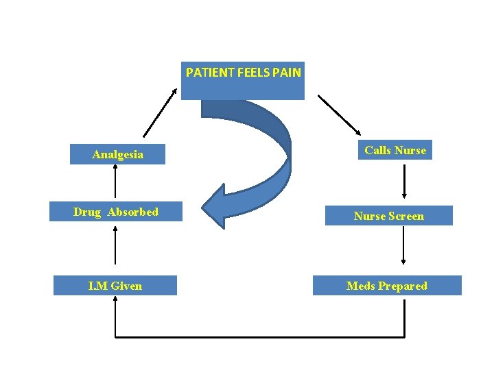PATIENT FEELS PAIN Analgesia PCA Calls Nurse Drug Absorbed Nurse Screen I. M Given