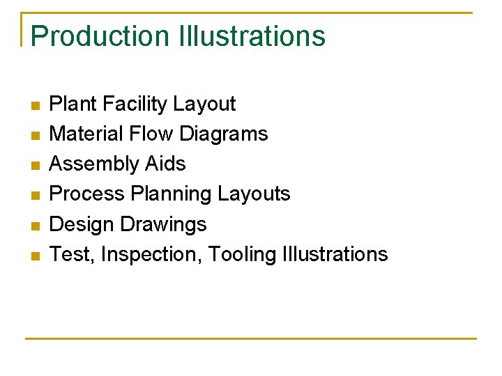 Production Illustrations n n n Plant Facility Layout Material Flow Diagrams Assembly Aids Process