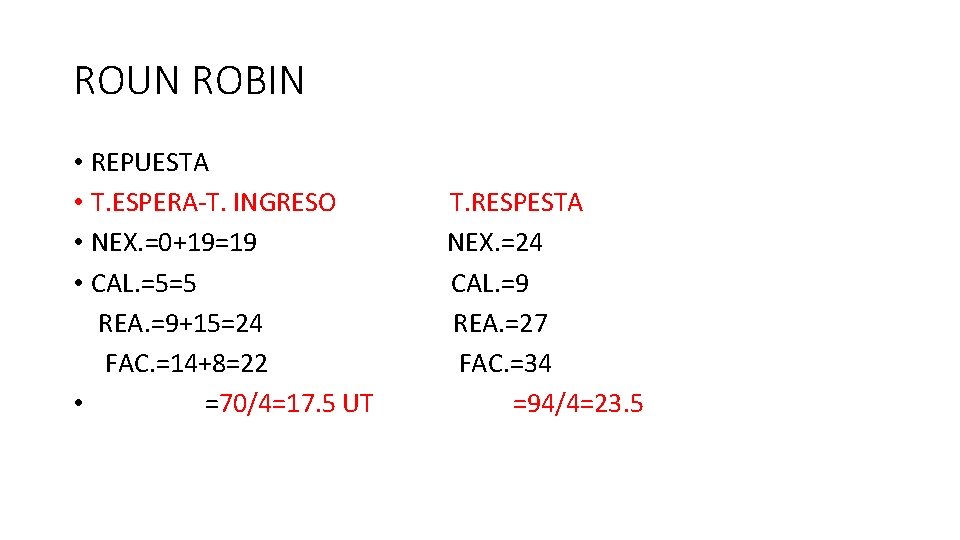 ROUN ROBIN • REPUESTA • T. ESPERA-T. INGRESO • NEX. =0+19=19 • CAL. =5=5