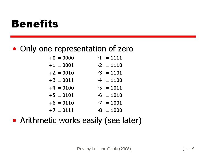Benefits • Only one representation of zero +0 +1 +2 +3 +4 +5 +6