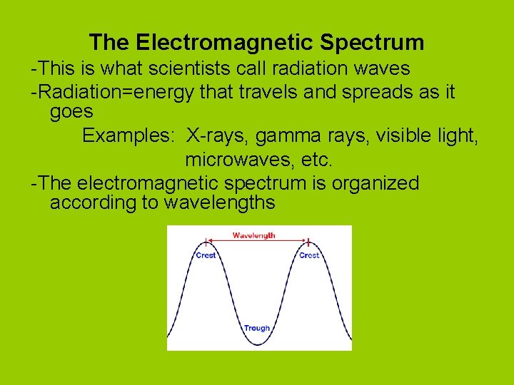The Electromagnetic Spectrum -This is what scientists call radiation waves -Radiation=energy that travels and
