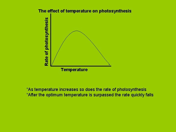 Rate of photosynthesis The effect of temperature on photosynthesis Temperature *As temperature increases so