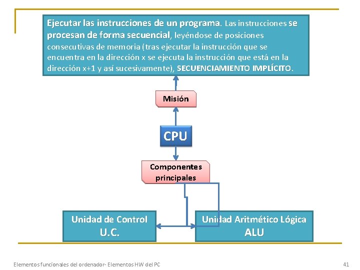 Ejecutar las instrucciones de un programa. Las instrucciones se procesan de forma secuencial, leyéndose