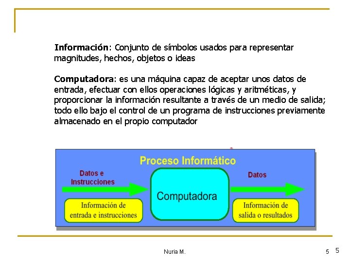 Información: Conjunto de símbolos usados para representar magnitudes, hechos, objetos o ideas Computadora: es