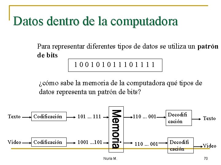 Datos dentro de la computadora Para representar diferentes tipos de datos se utiliza un