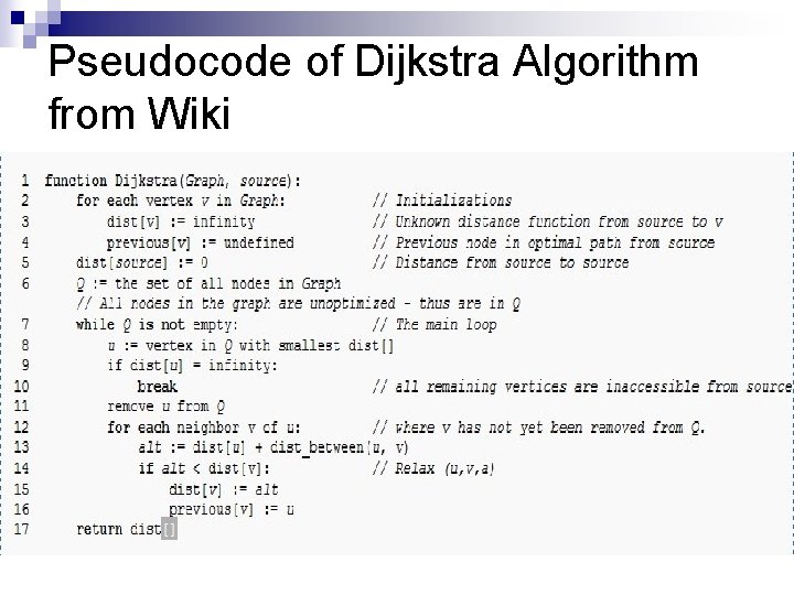 Pseudocode of Dijkstra Algorithm from Wiki 