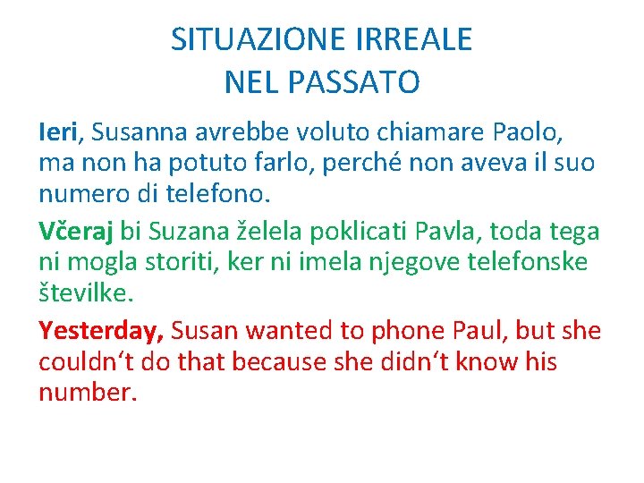 SITUAZIONE IRREALE NEL PASSATO Ieri, Susanna avrebbe voluto chiamare Paolo, ma non ha potuto