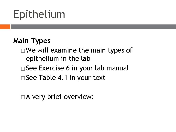 Epithelium Main Types � We will examine the main types of epithelium in the Epithelium Main Types � We will examine the main types of epithelium in the