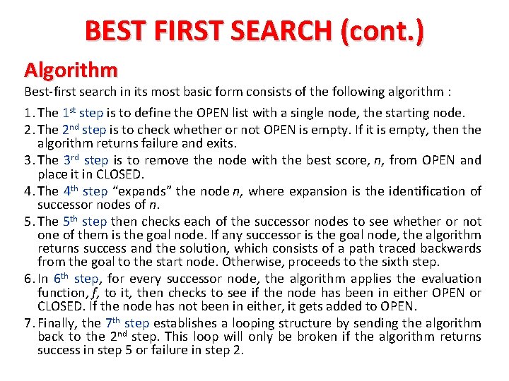 BEST FIRST SEARCH (cont. ) Algorithm Best-first search in its most basic form consists