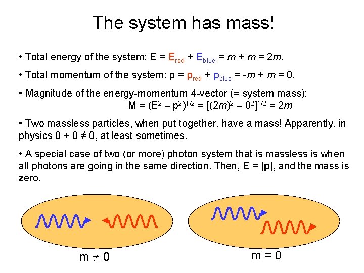 The system has mass! • Total energy of the system: E = Ered +