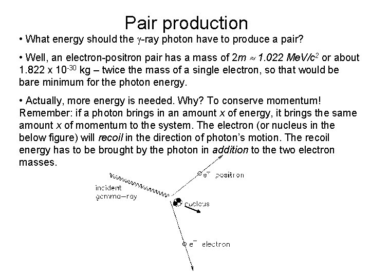 Pair production • What energy should the -ray photon have to produce a pair?