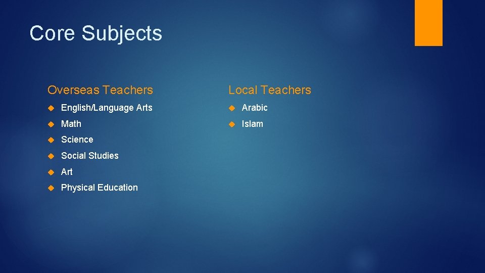 Core Subjects Overseas Teachers Local Teachers English/Language Arts Arabic Math Islam Science Social Studies