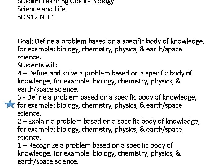 Student Learning Goals - Biology Science and Life SC. 912. N. 1. 1 Goal:
