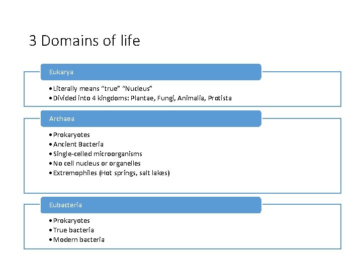 3 Domains of life Eukarya • Literally means “true” “Nucleus” • Divided into 4