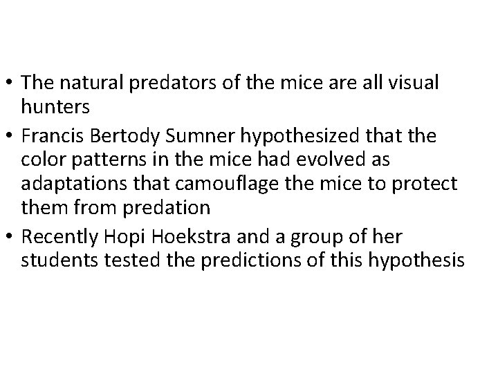  • The natural predators of the mice are all visual hunters • Francis