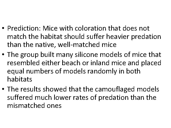  • Prediction: Mice with coloration that does not match the habitat should suffer