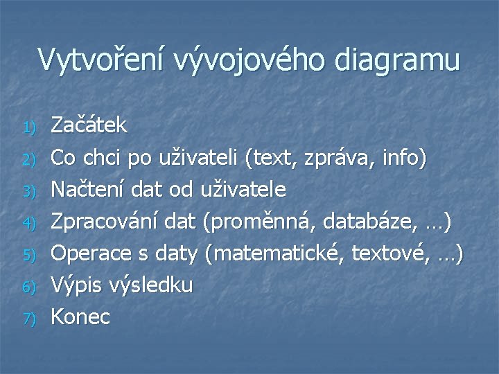 Vytvoření vývojového diagramu 1) 2) 3) 4) 5) 6) 7) Začátek Co chci po