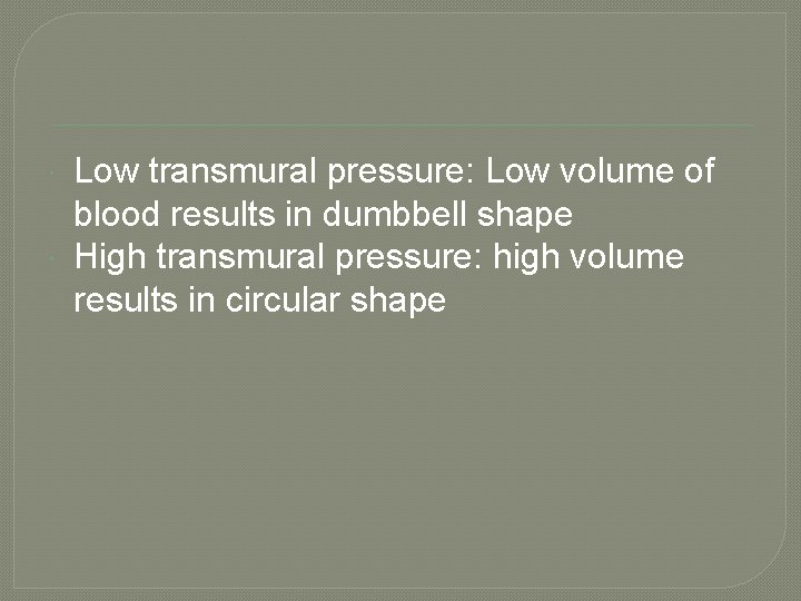  Low transmural pressure: Low volume of blood results in dumbbell shape High transmural