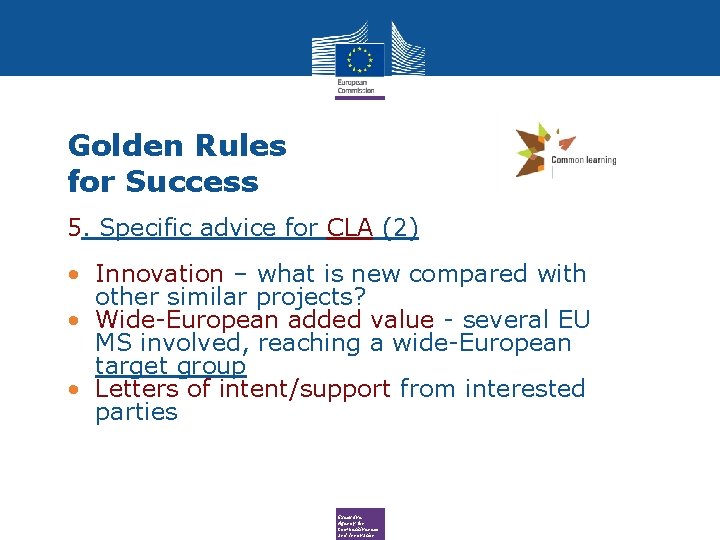 Golden Rules for Success 5. Specific advice for CLA (2) • Innovation – what
