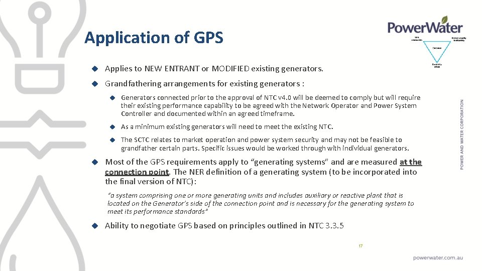 Application of GPS Applies to NEW ENTRANT or MODIFIED existing generators. Grandfathering arrangements for